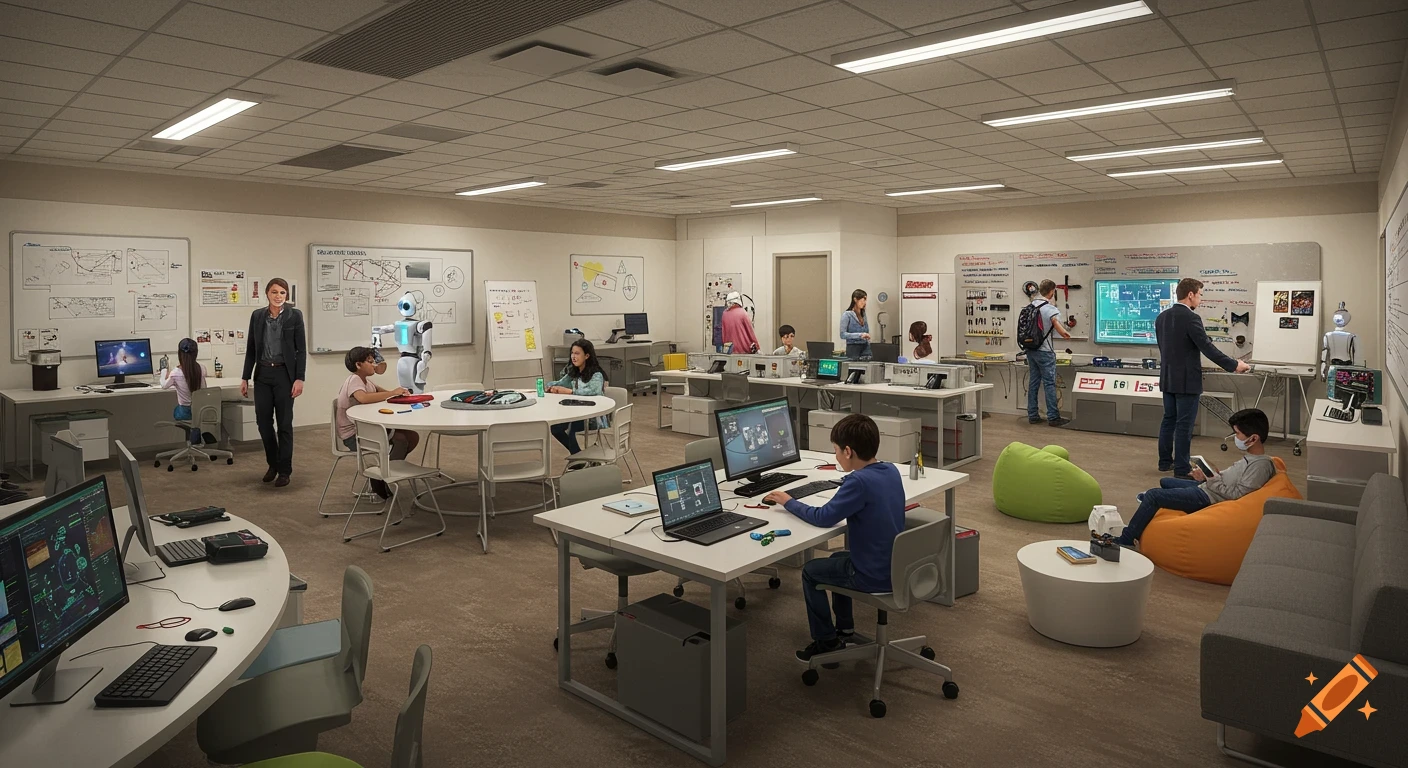 A realistic, spacious 2050 classroom with students, teachers, and robots interacting with computers and futuristic equipment in various zones.