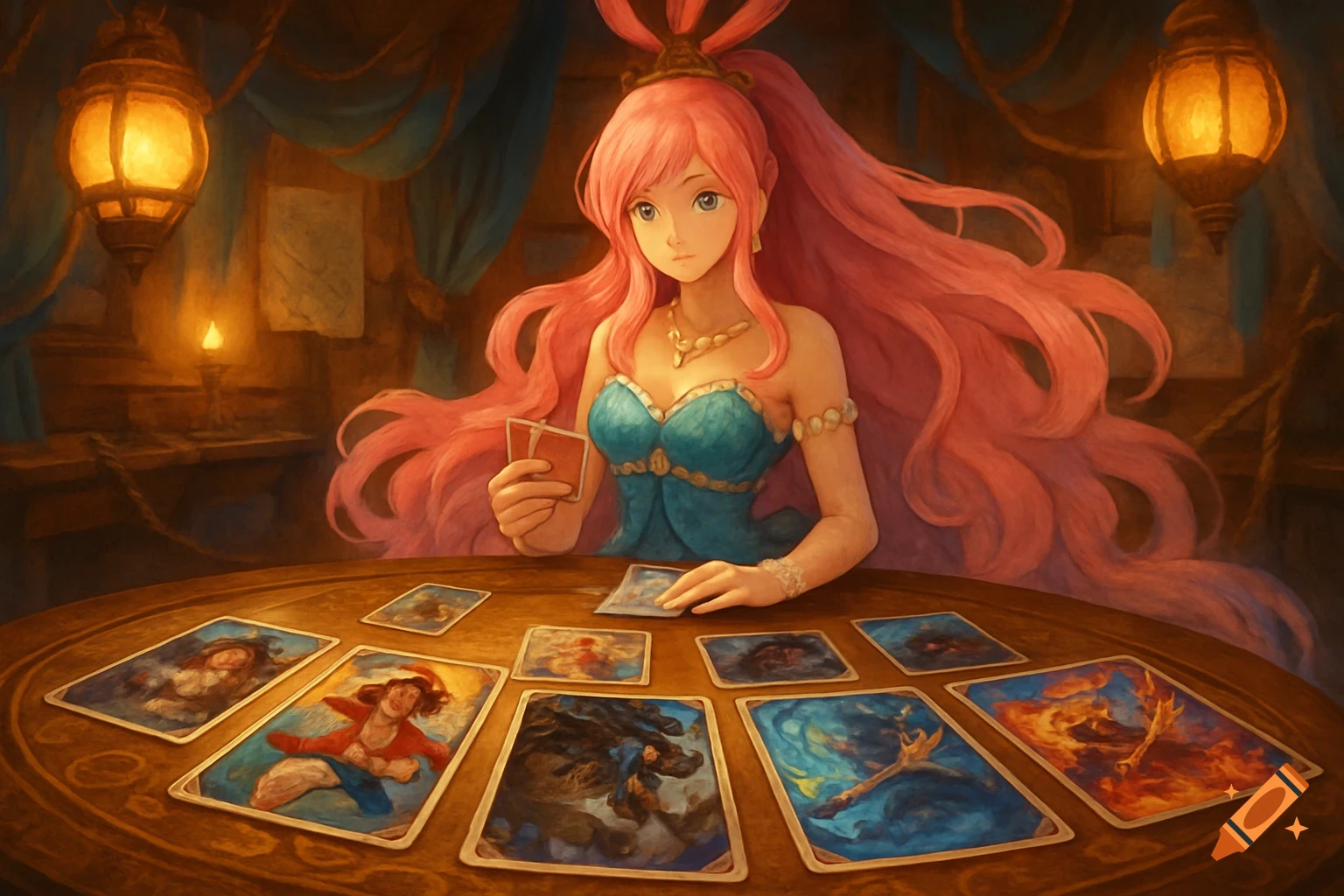 Anime-style woman with long pink hair playing a card game at a wooden table in a dimly lit room, surrounded by lanterns.