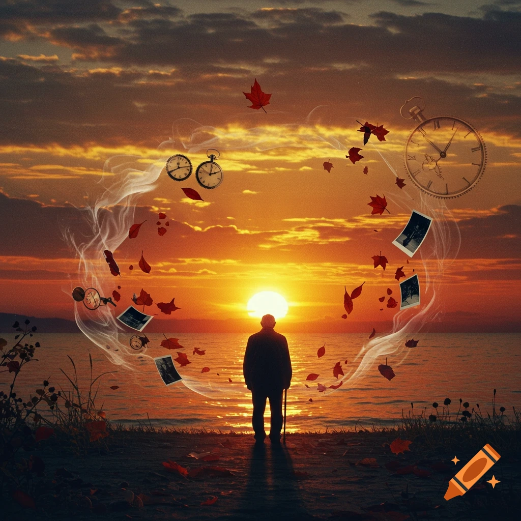 A lone figure watches a vibrant sunset over the ocean, with autumn leaves, clocks, and old photos swirling around them, symbolizing time and memories.