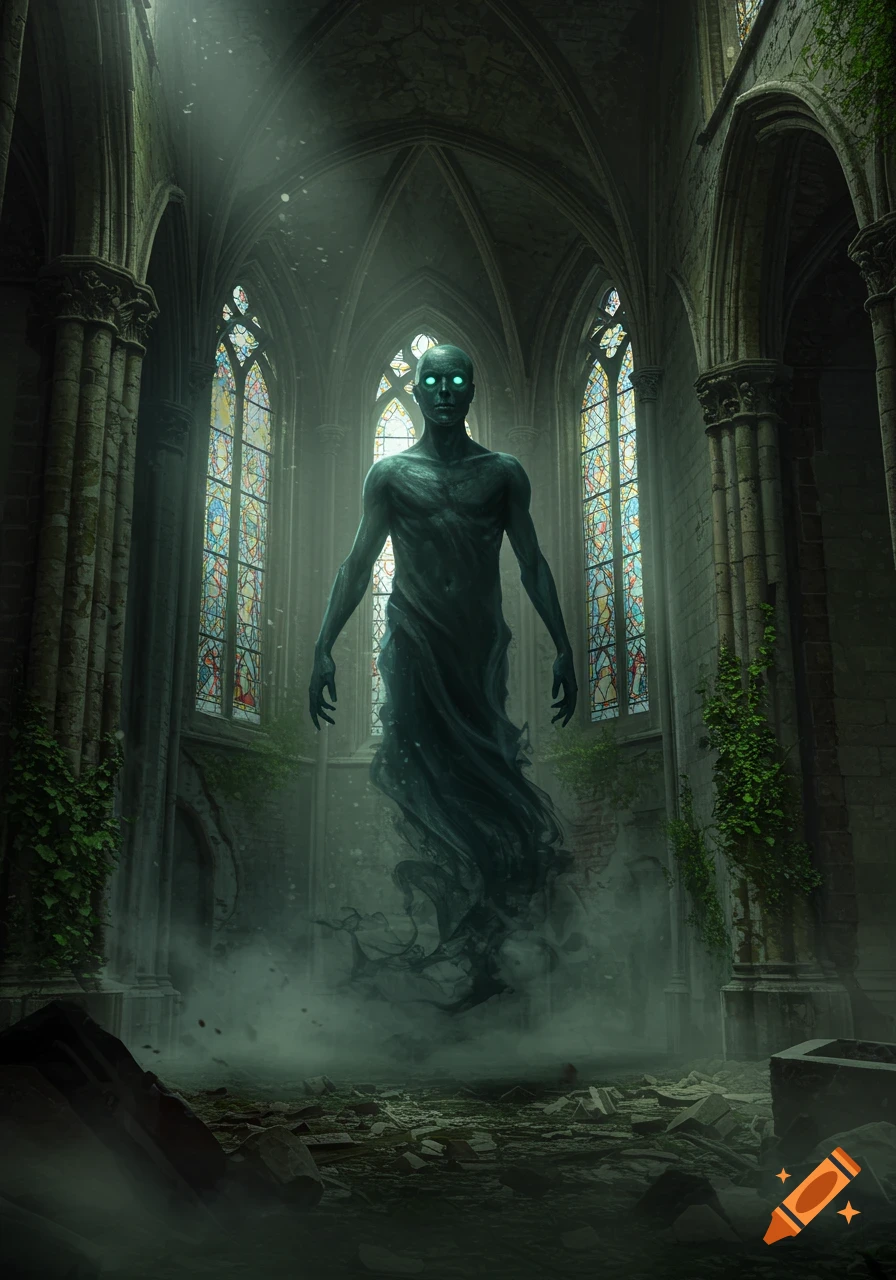 An ethereal, dark spirit with glowing eyes floats in a ruined Gothic church filled with mist and light filtering through stained-glass windows.