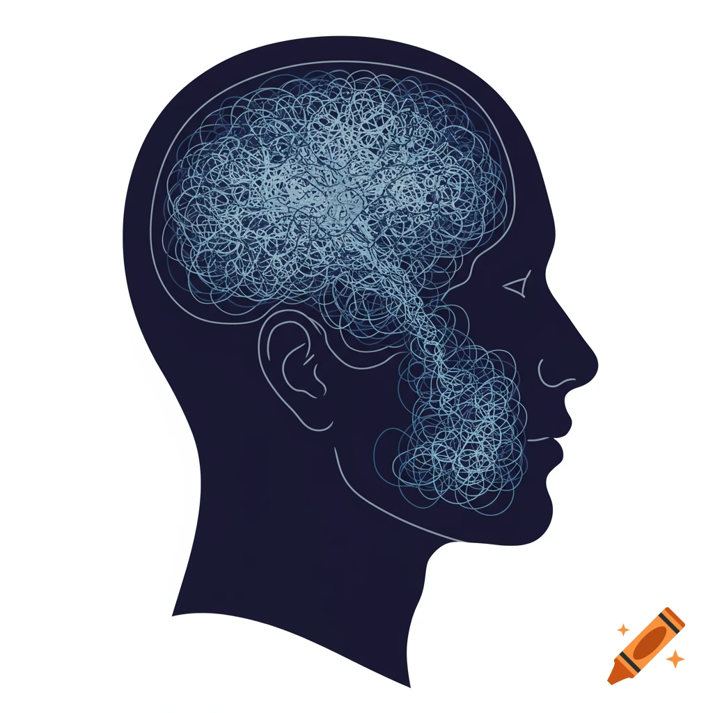 Profile silhouette of a head filled with tangled blue lines, symbolizing complex thoughts.