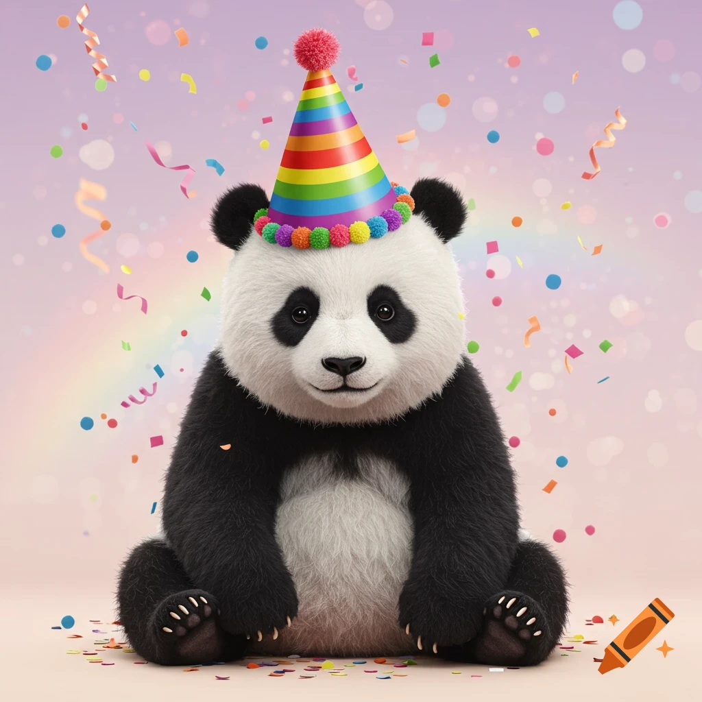 A realistic panda sits wearing a colorful rainbow party hat, surrounded by falling confetti on a pastel background.