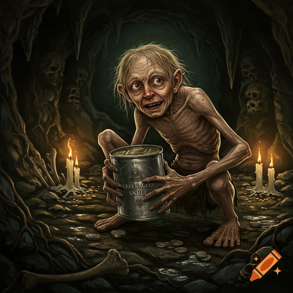 An emaciated, Gollum-like creature with stringy hair and large eyes crouches in a dark cave, holding a metal can. Candles and coins are on the ground.