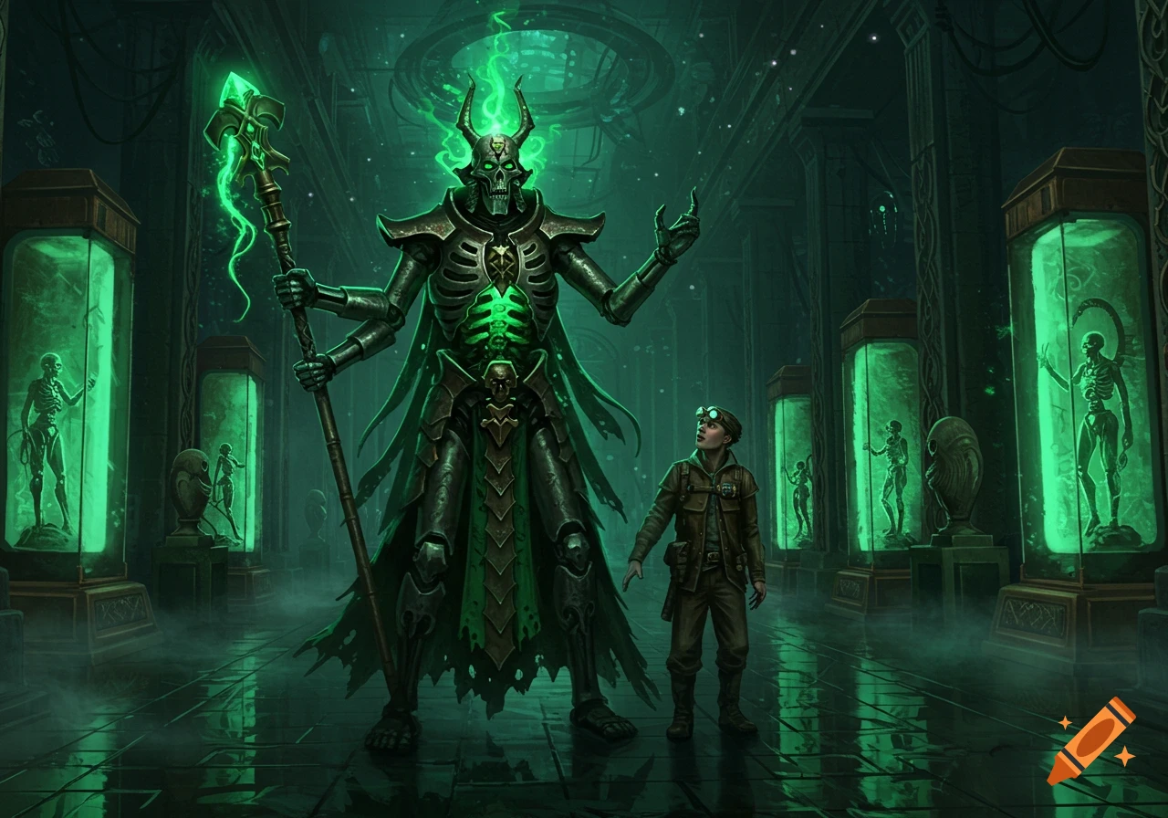 A giant skeletal figure with glowing green details shows a museum of preserved skeletons to a human visitor.