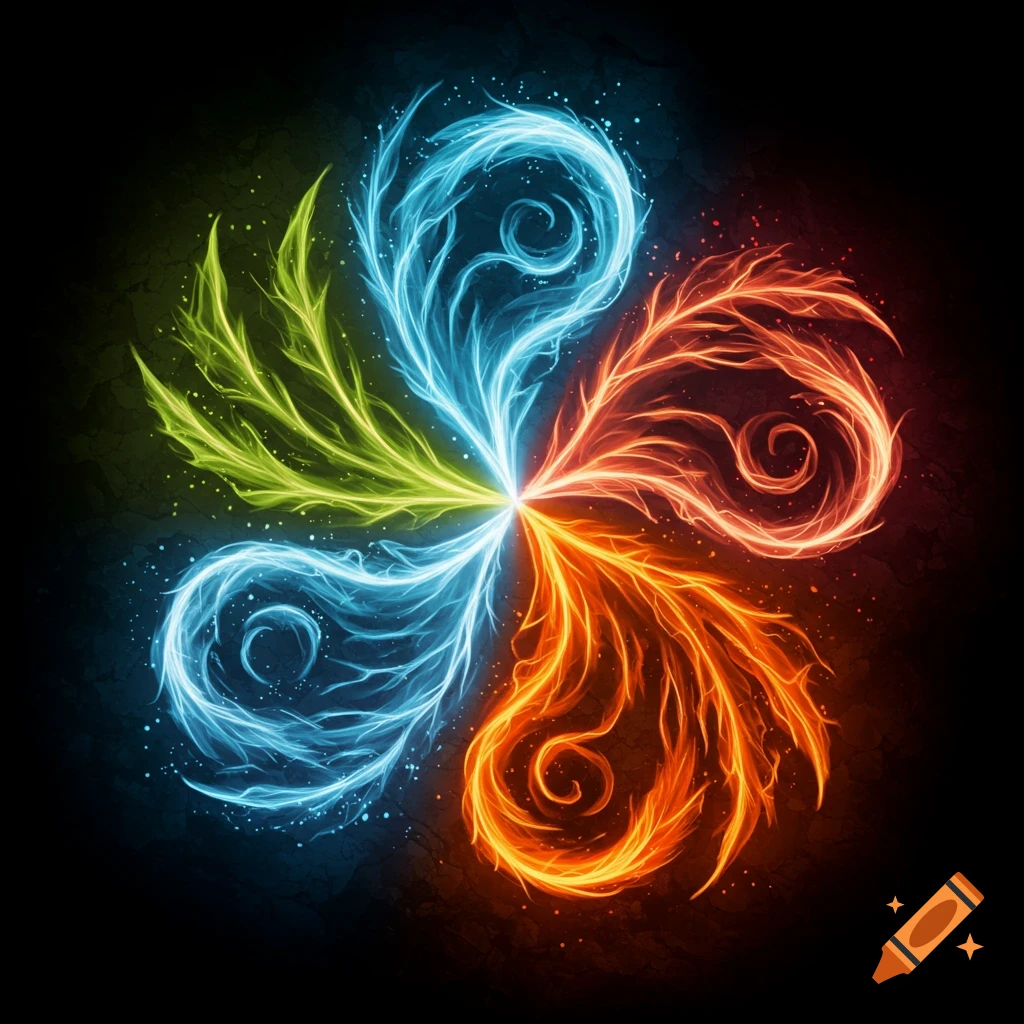 A glowing abstract symbol featuring green, light blue, and orange flame-like swirls radiating from a central point on a dark background.