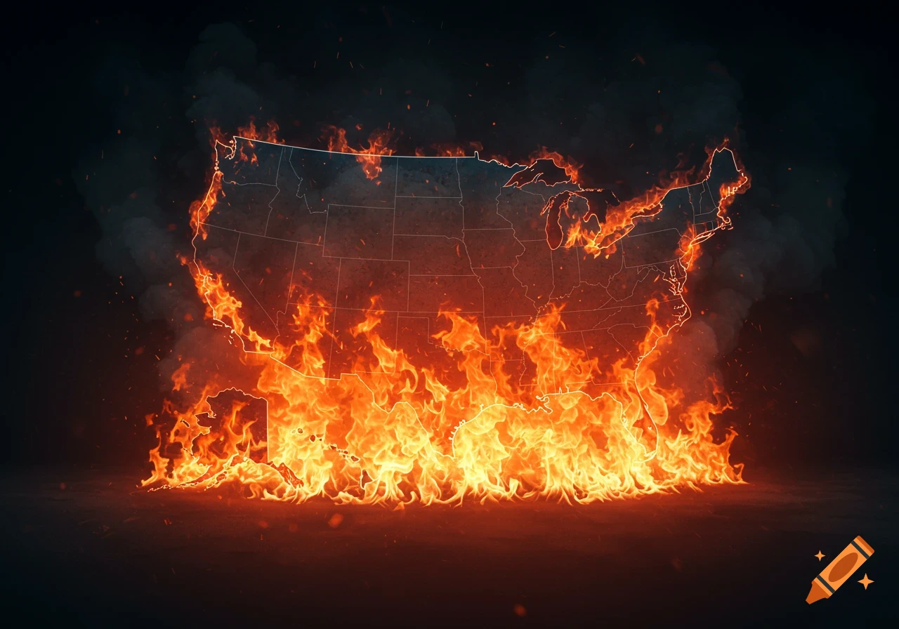 The map of the United States with state borders, engulfed in bright orange flames and smoke against a dark background.