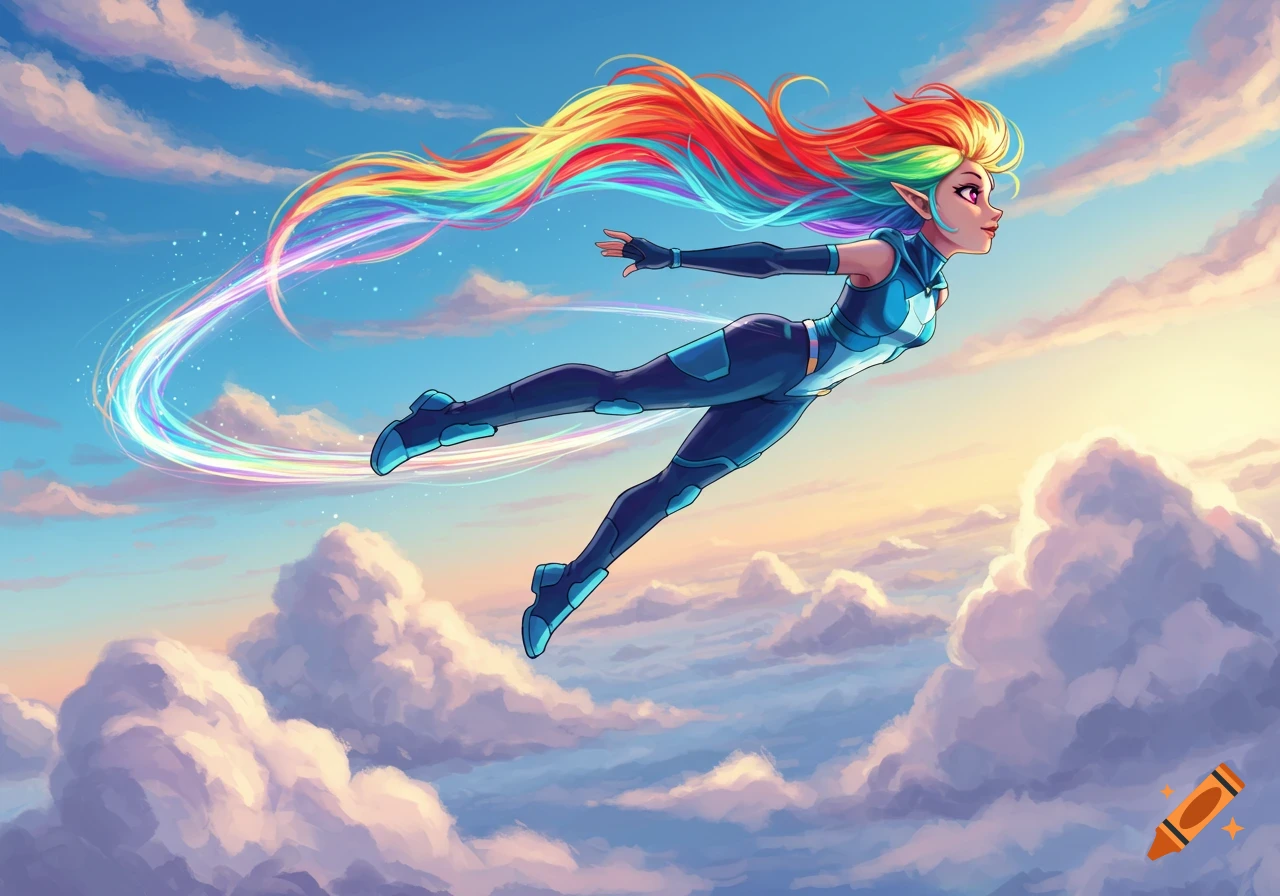 Stylized illustration of an elf-like female superhero with vibrant rainbow hair flying through a sunny, cloudy sky.