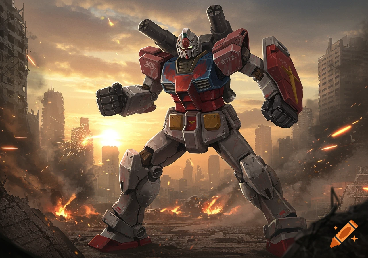 A Guncannon Rx-77-2 robot stands in a destroyed city at sunset, surrounded by fire and debris, in a detailed sci-fi illustration.