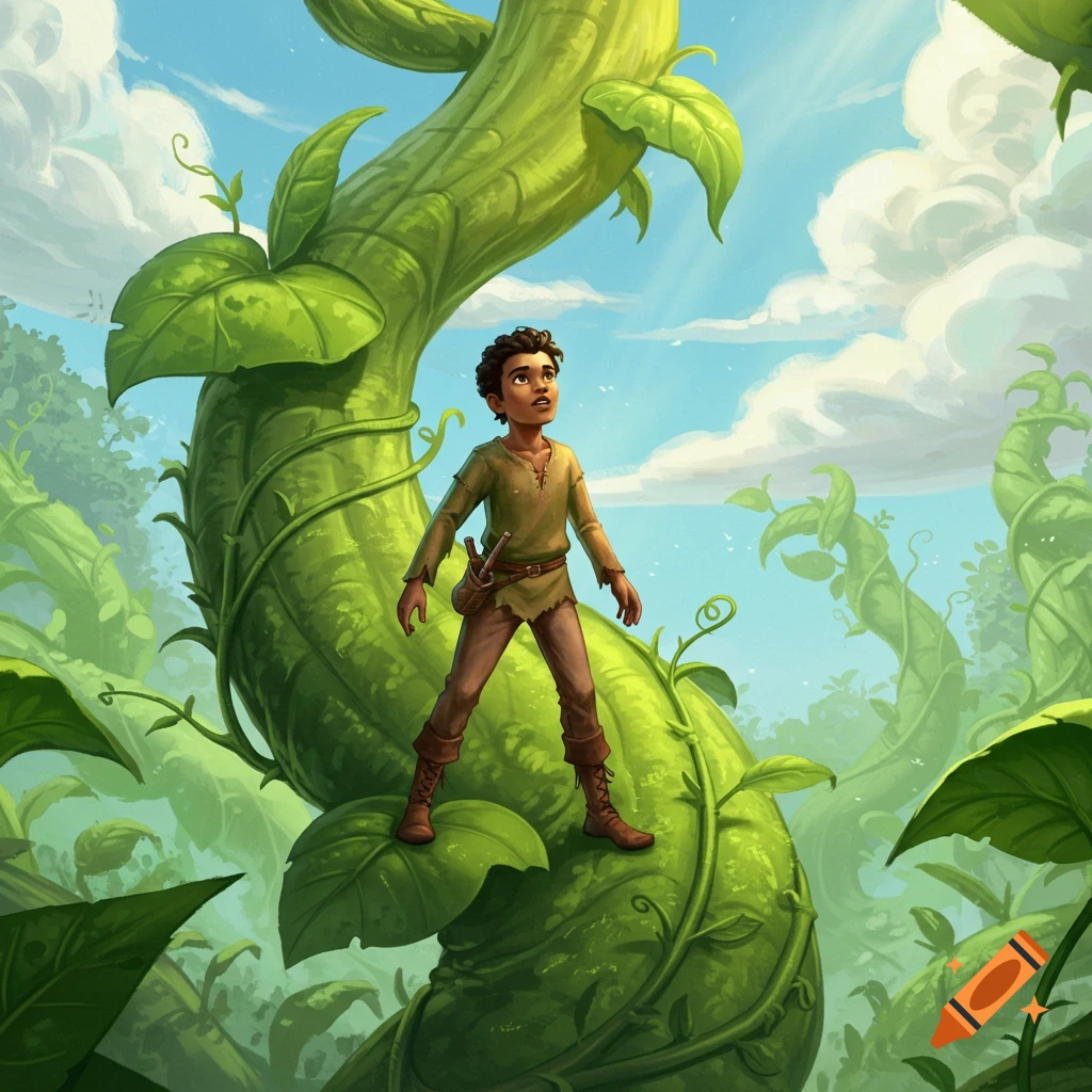 An illustration of a young boy with dark skin standing on a giant beanstalk, looking up at the sky among clouds.