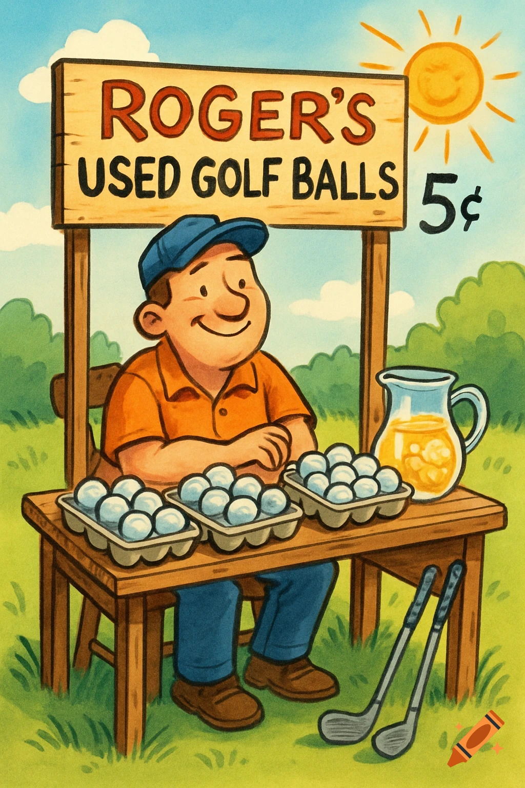 A cartoon man in a blue cap sells used golf balls from a wooden stand in egg cartons, with a 'Roger's Used Golf Balls 5\u00a2' sign, a pitcher of lemonade, and golf clubs.