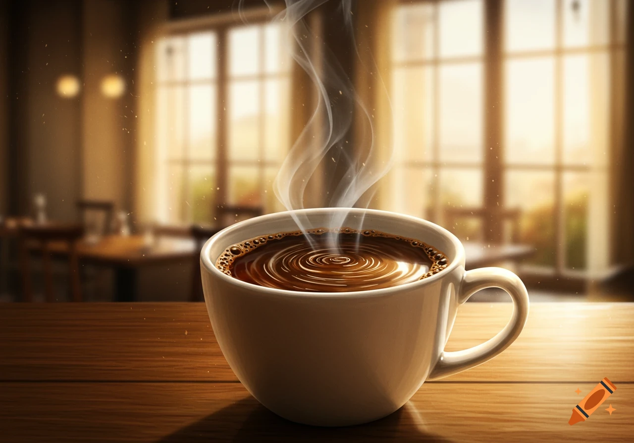 A photorealistic image of a steaming cup of coffee on a wooden table, with a blurred cafe background.