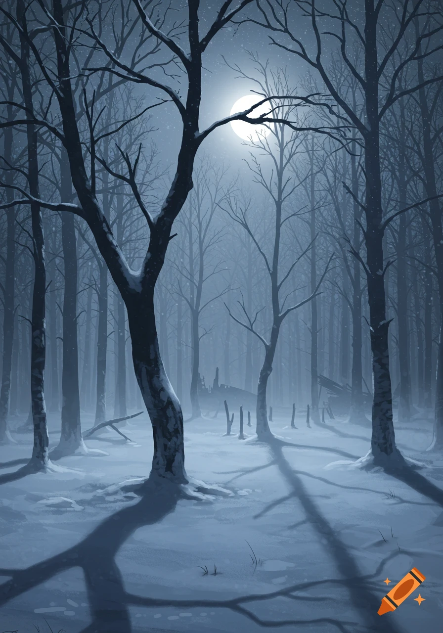 A dark, spooky winter forest scene at night with a full moon, bare trees covered in snow, and long shadows stretching across the ground.