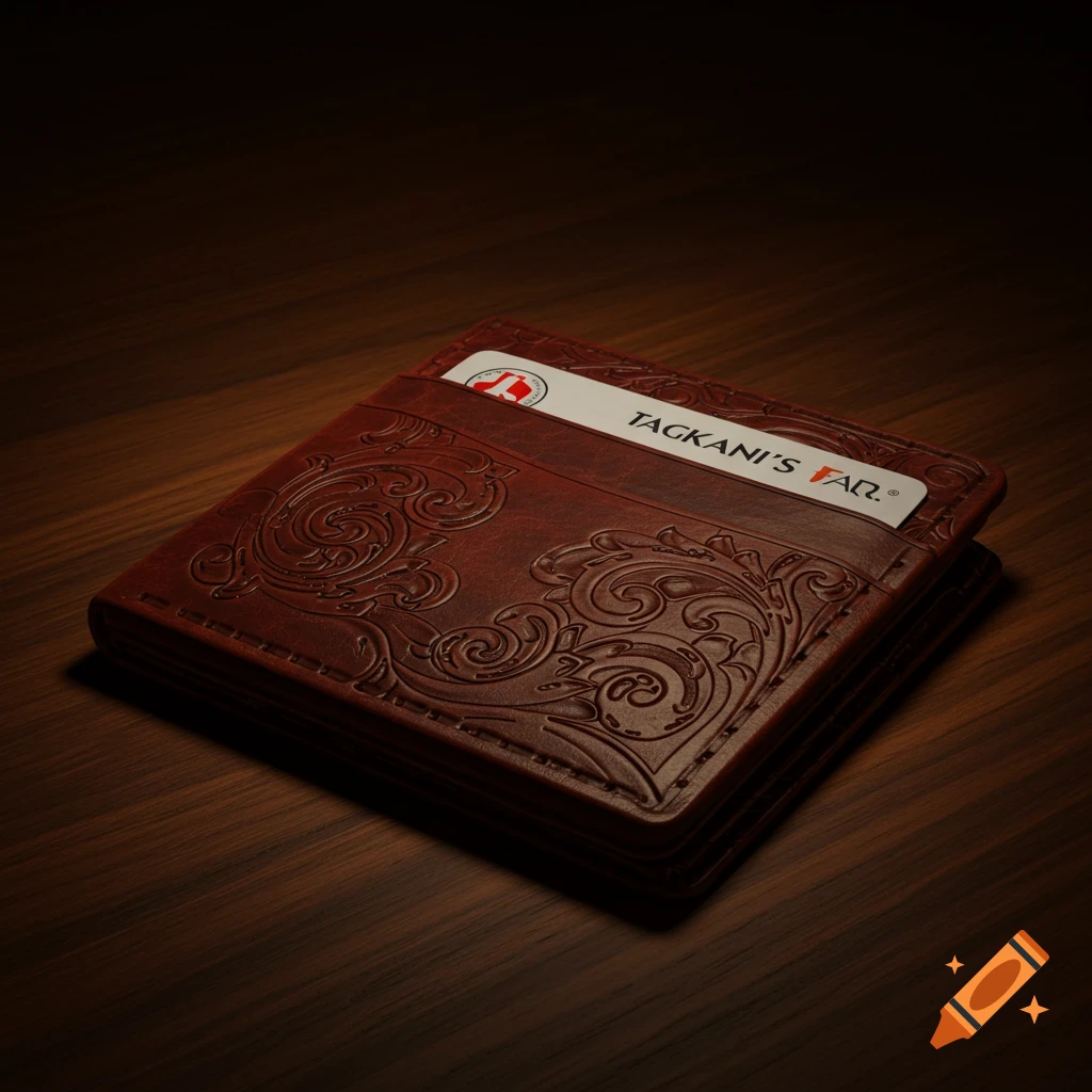 A brown leather wallet with an embossed floral design holds a white card, sitting on a dark wooden surface. Photorealistic.