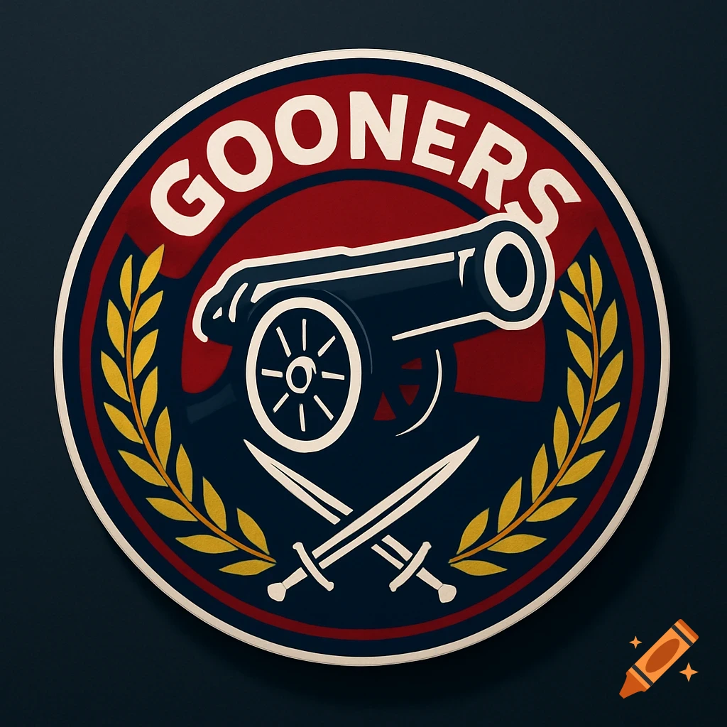 A circular football club logo with 'GOONERS' text, a cannon, crossed swords, and a laurel wreath on a dark red and blue background.