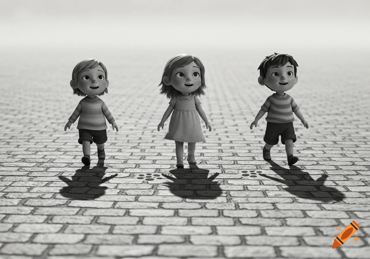 Three animated children walk on a cobblestone path, leaving paw prints, in a grayscale image.