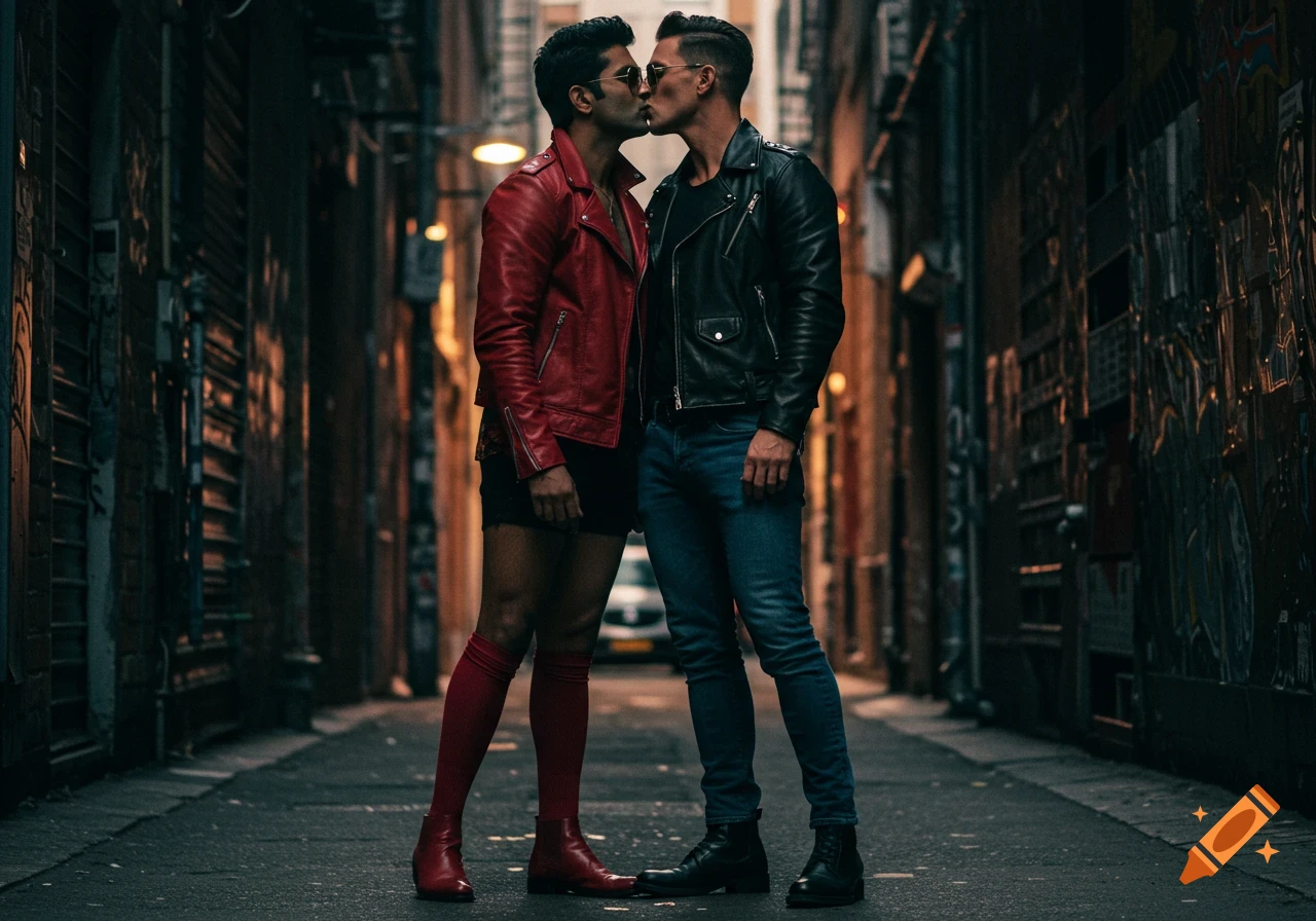 Two men in leather jackets and sunglasses kiss in a dark, atmospheric alleyway, one in red, the other in black.
