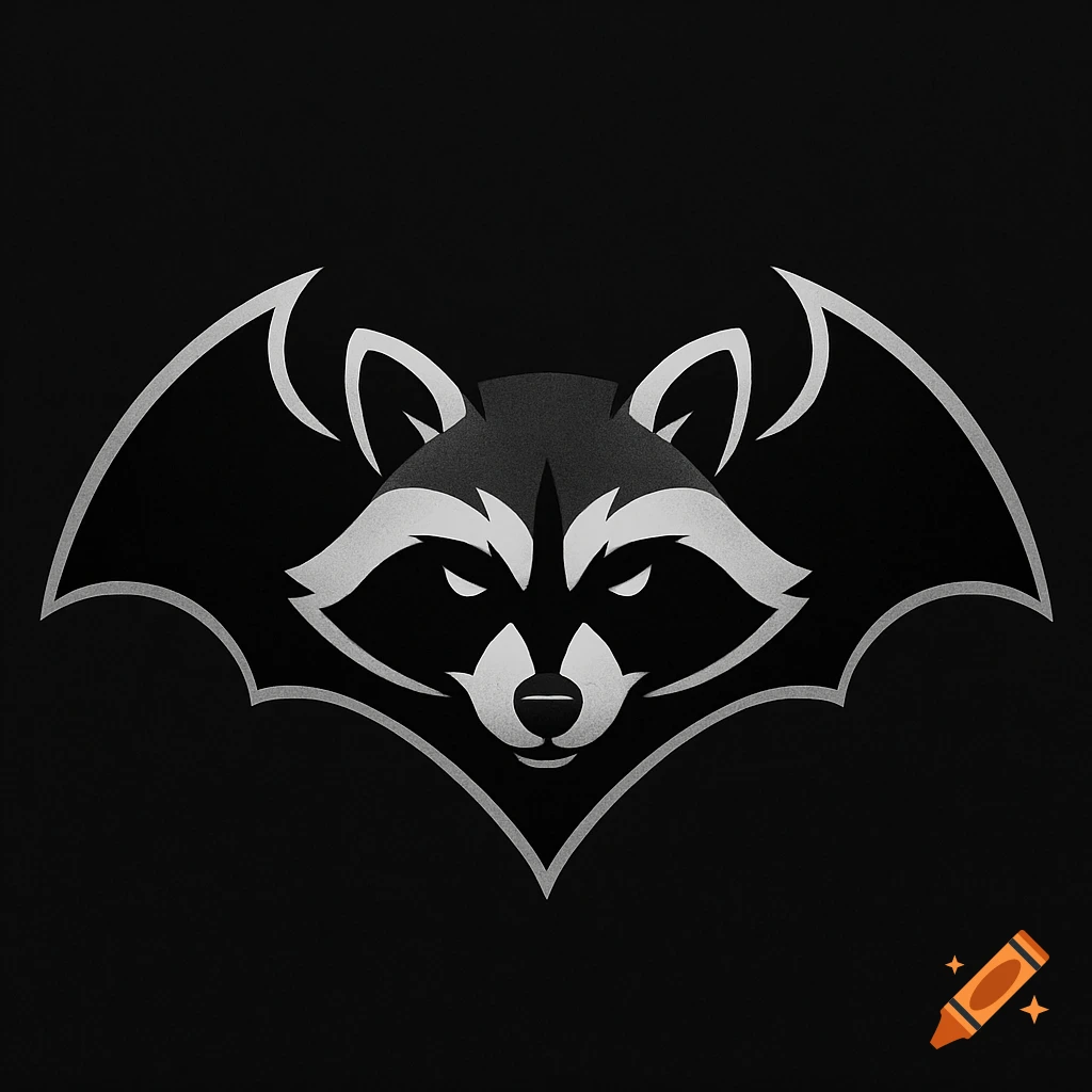 A stylized logo of a raccoon head with bat-like wings on a black background.