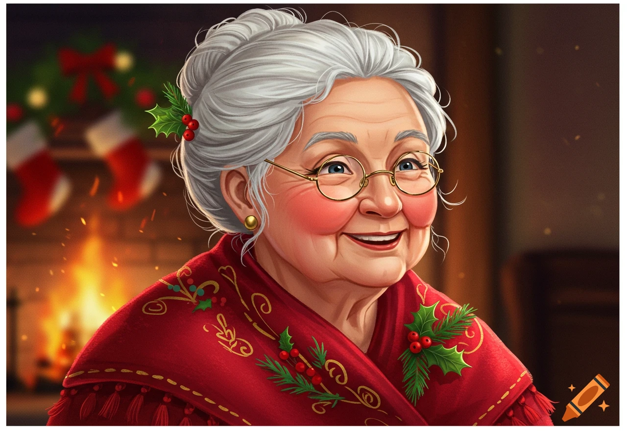 Detailed illustration of a smiling Mrs. Claus wearing a festive red shawl with holly, in front of a cozy fireplace with stockings.