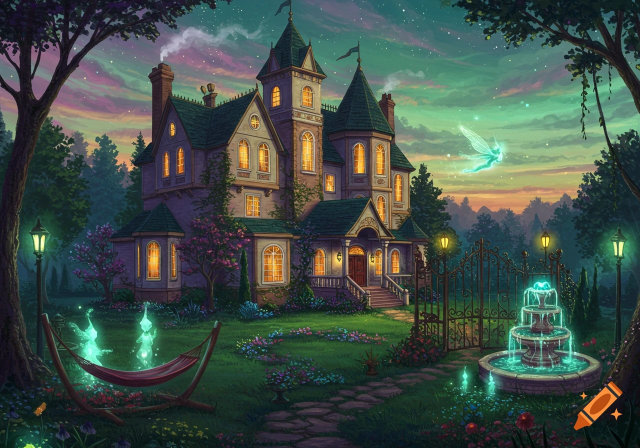 A magical, ornate mansion with glowing windows at twilight, surrounded by a lush garden, fountain, and floating fairies.