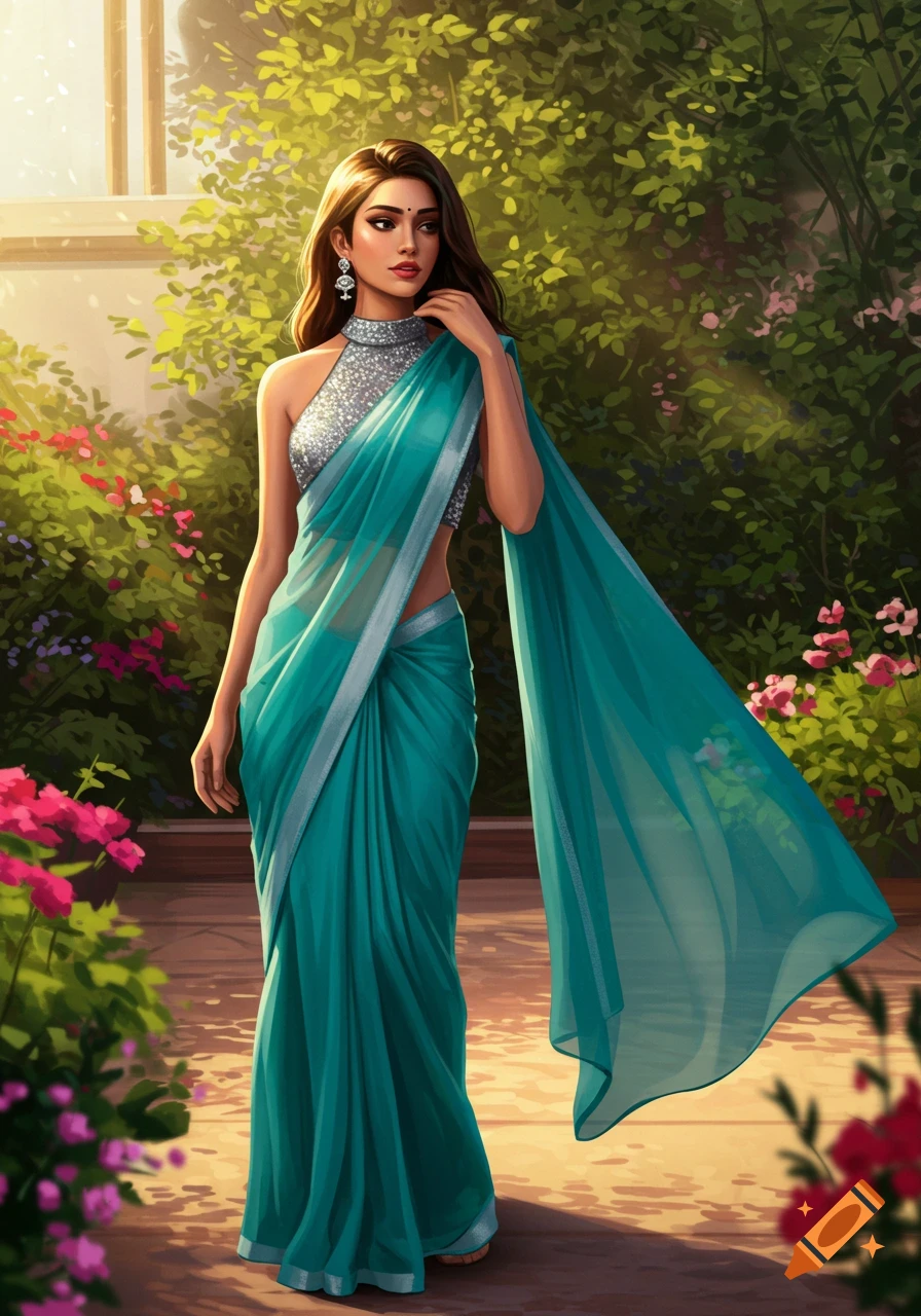 Digital art of a young woman in a teal blue chiffon sari and silver halter neck blouse, standing in a sunny garden.