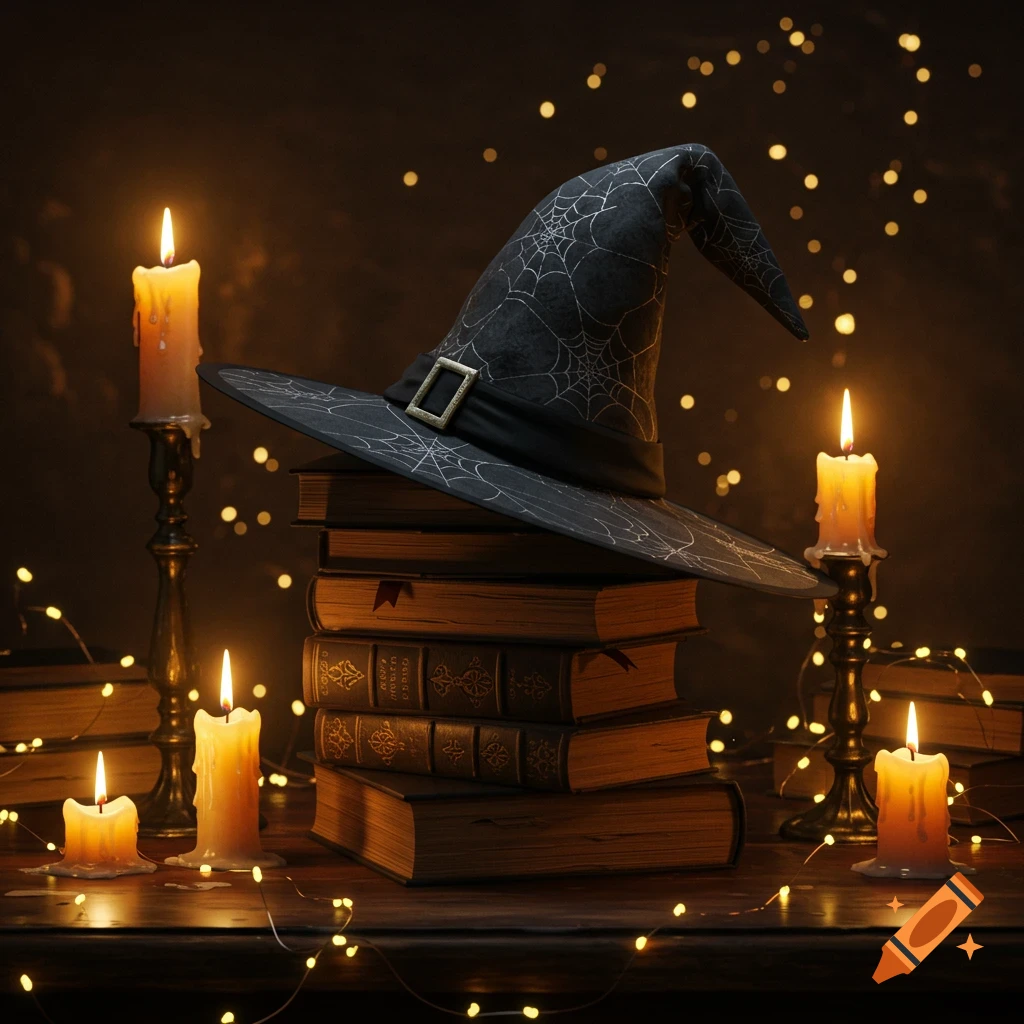 A witch's hat rests on a stack of old books, surrounded by glowing candles and twinkling fairy lights in a dark, moody Halloween setting.
