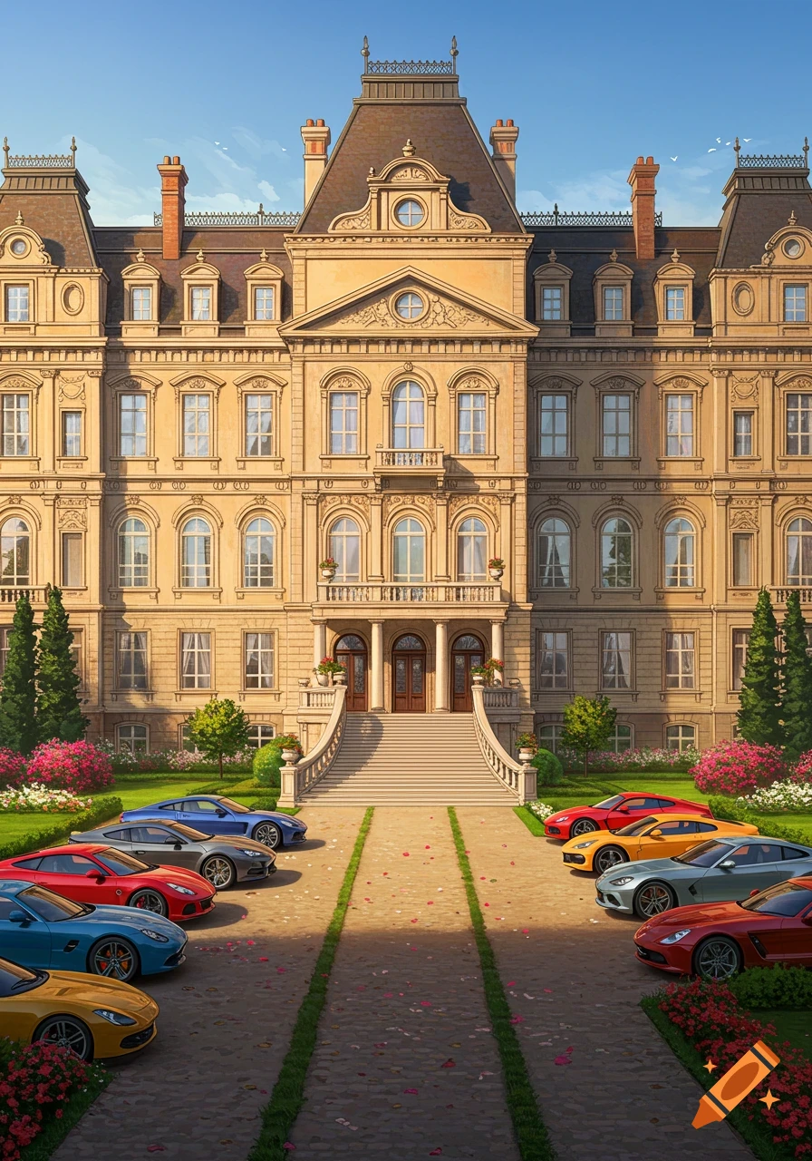 A grand, ornate mansion with a sweeping staircase and many luxury sports cars parked on its driveway, surrounded by gardens.