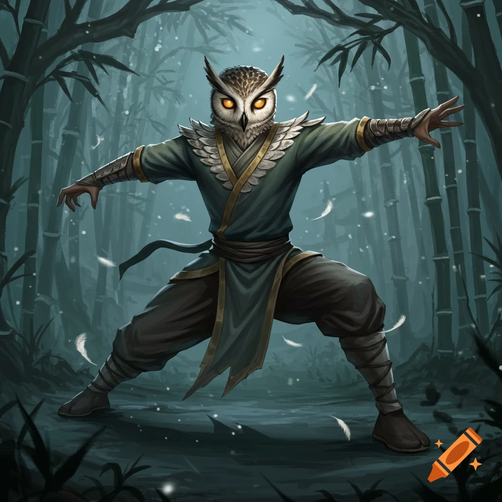 An illustration of an owl-headed kung-fu fighter in a wide stance, surrounded by dark bamboo trees and falling white feathers.