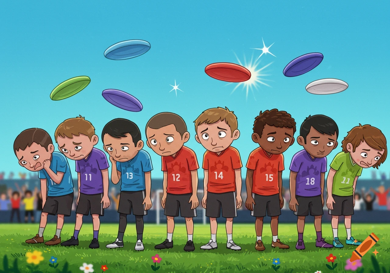 A row of sad cartoon boys in sports jerseys with numbers standing on a grassy field with colorful frisbees floating in the sky.