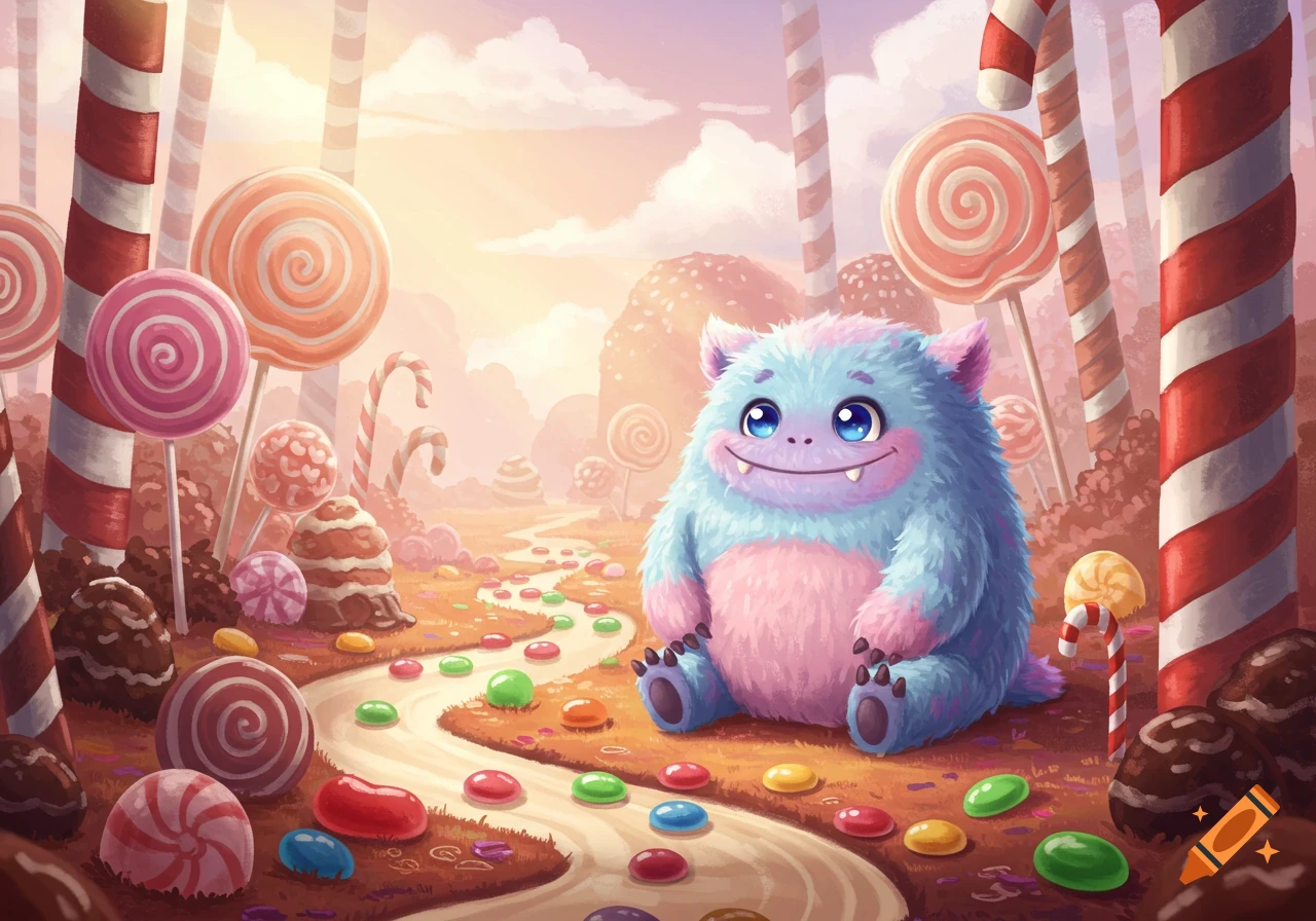 A cute, fluffy blue and pink monster with large blue eyes smiles in a colorful candy land, surrounded by lollipops and candies along a winding path. Stylized illustration.