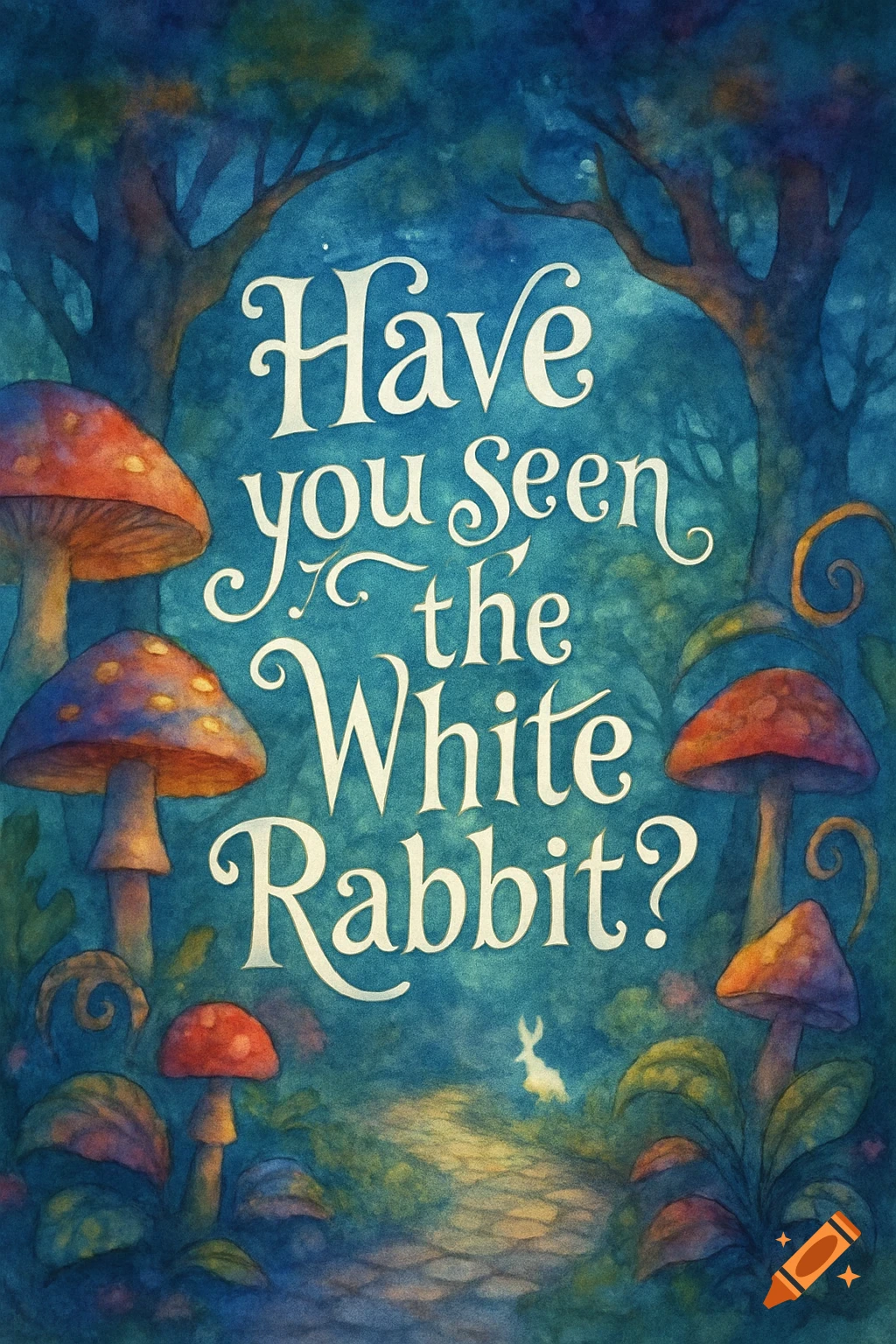 Watercolor illustration of a mystical blue forest with large mushrooms and trees, featuring the text 'Have you seen the White Rabbit?' and a tiny white rabbit on a path.