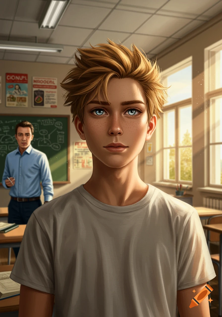 A male student with blond hair and blue eyes stands in a sunlit classroom, with a teacher in a blue shirt in the background. Digital art.