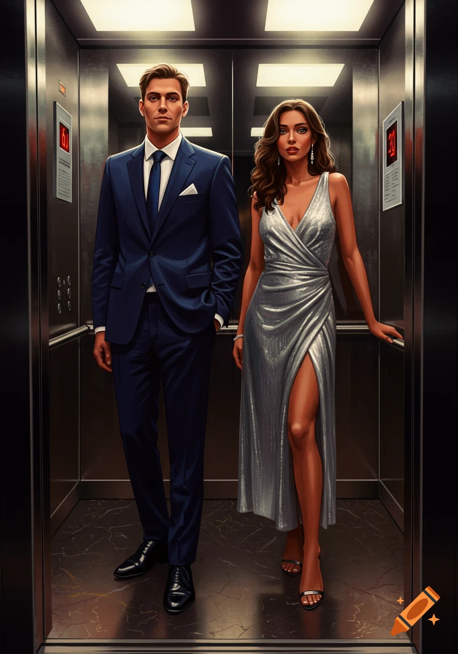 A stylish man in a suit and a woman in a silver dress stand formally in an elevator.