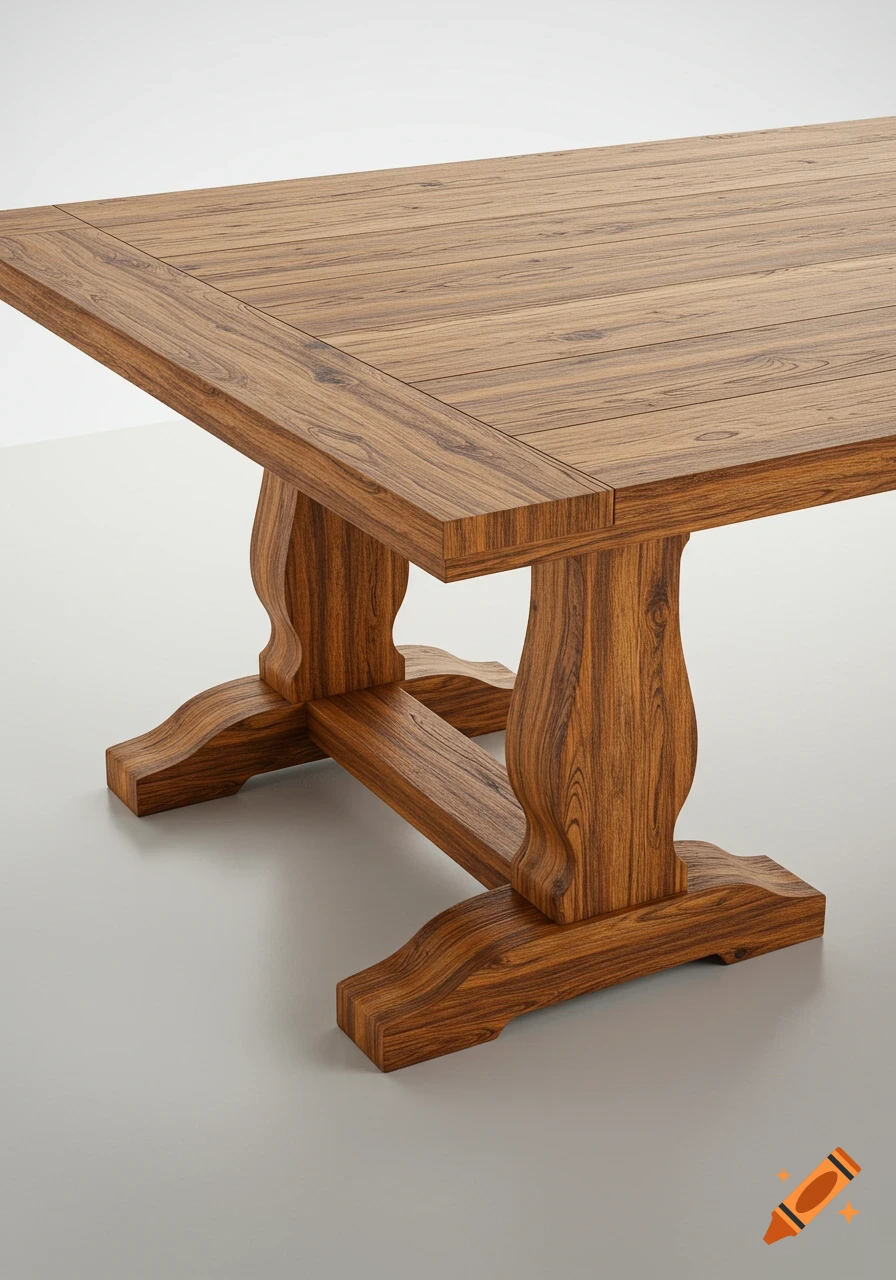 Photorealistic close-up of a rustic wooden dining table with ornate legs against a white background.