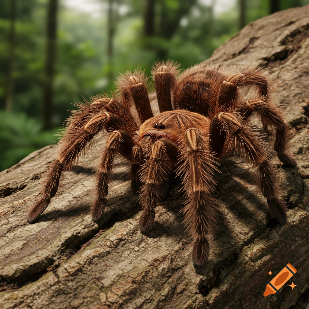 A close-up, highly detailed photorealistic image of a hairy brown tarantula perched on a tree branch in a lush forest.