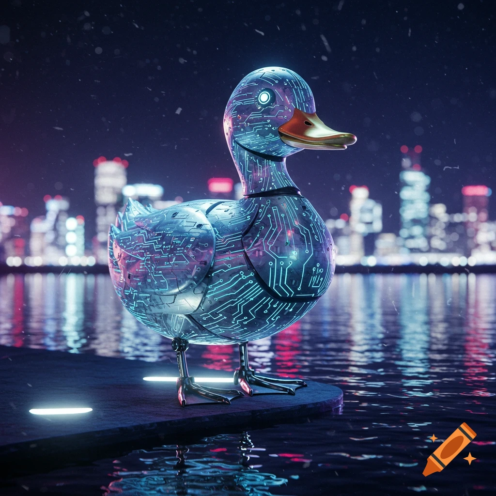 A futuristic duck made of circuit boards with glowing blue lines stands on a platform by water, with a blurred city skyline at night.