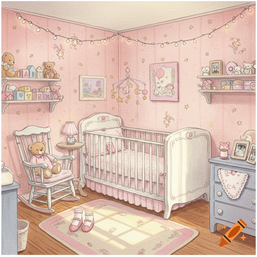 A charming, pink-themed baby girl's nursery in a watercolor illustration style, featuring a white crib, rocking chair, shelves with toys, and string lights.