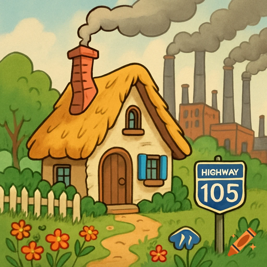 A whimsical cartoon shows a small cottage with a smoking chimney amidst flowers, a white fence, and a Highway 105 sign, with industrial smokestacks in the background.