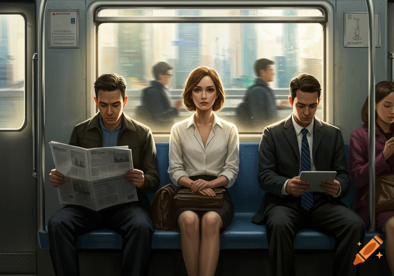 A woman sits between two men on a subway train. One man reads a newspaper, the other uses a tablet. City views blur outside the window.