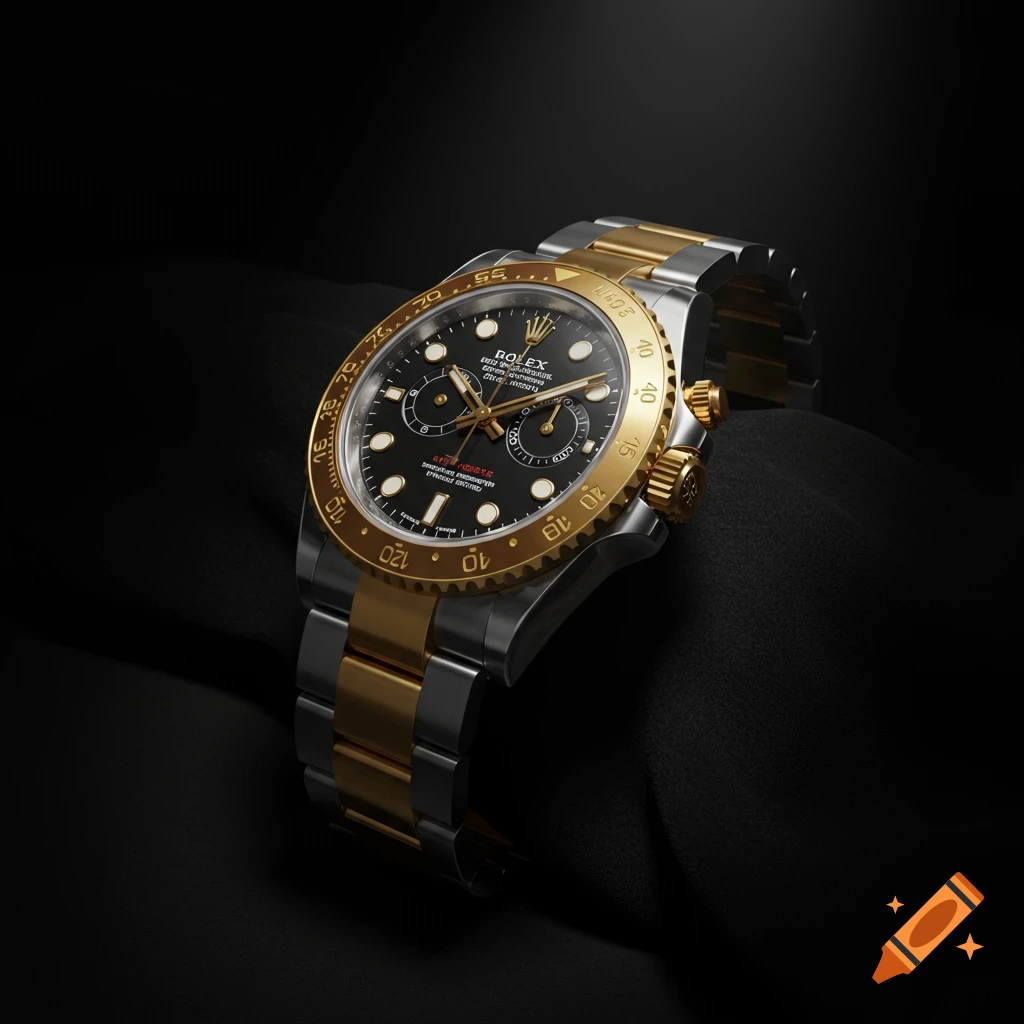 Photorealistic close-up of a gold and silver Rolex wristwatch with a black face, resting on dark fabric.