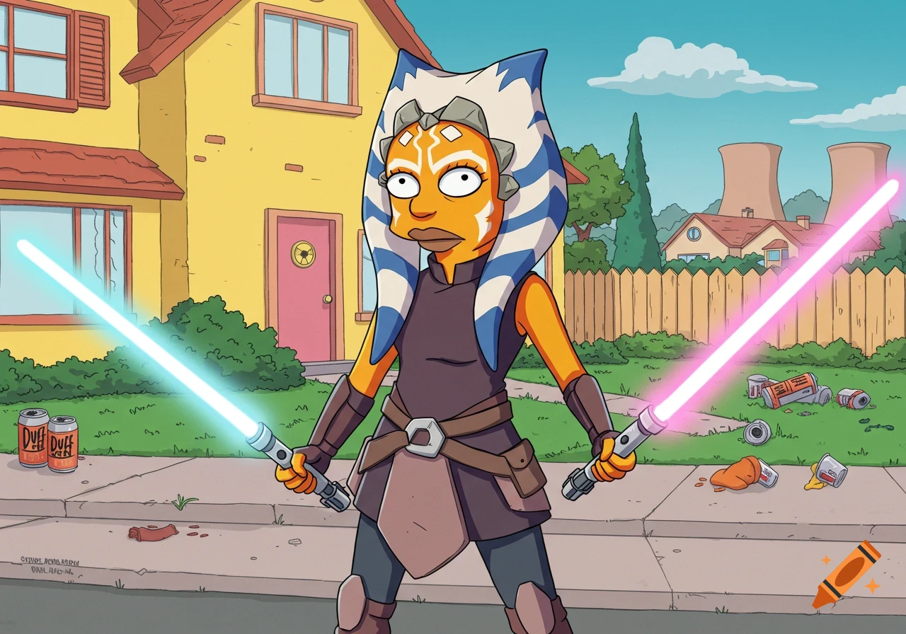 Ahsoka Tano in The Simpsons cartoon style, standing on a sidewalk holding a blue and a pink lightsaber in front of a yellow house.