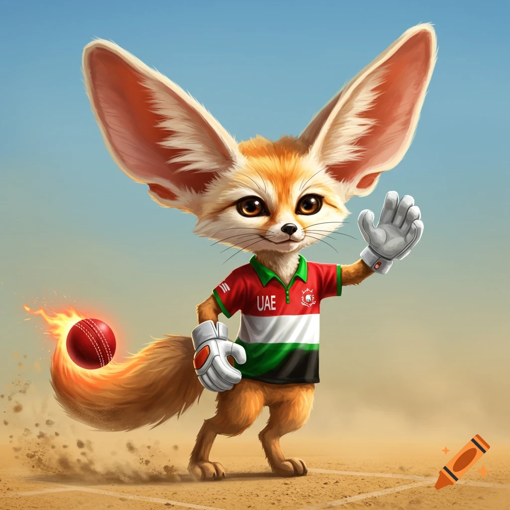 A cute fennec fox mascot in a UAE cricket jersey, wearing gloves, with a flaming cricket ball at its tail, kicking up dust.