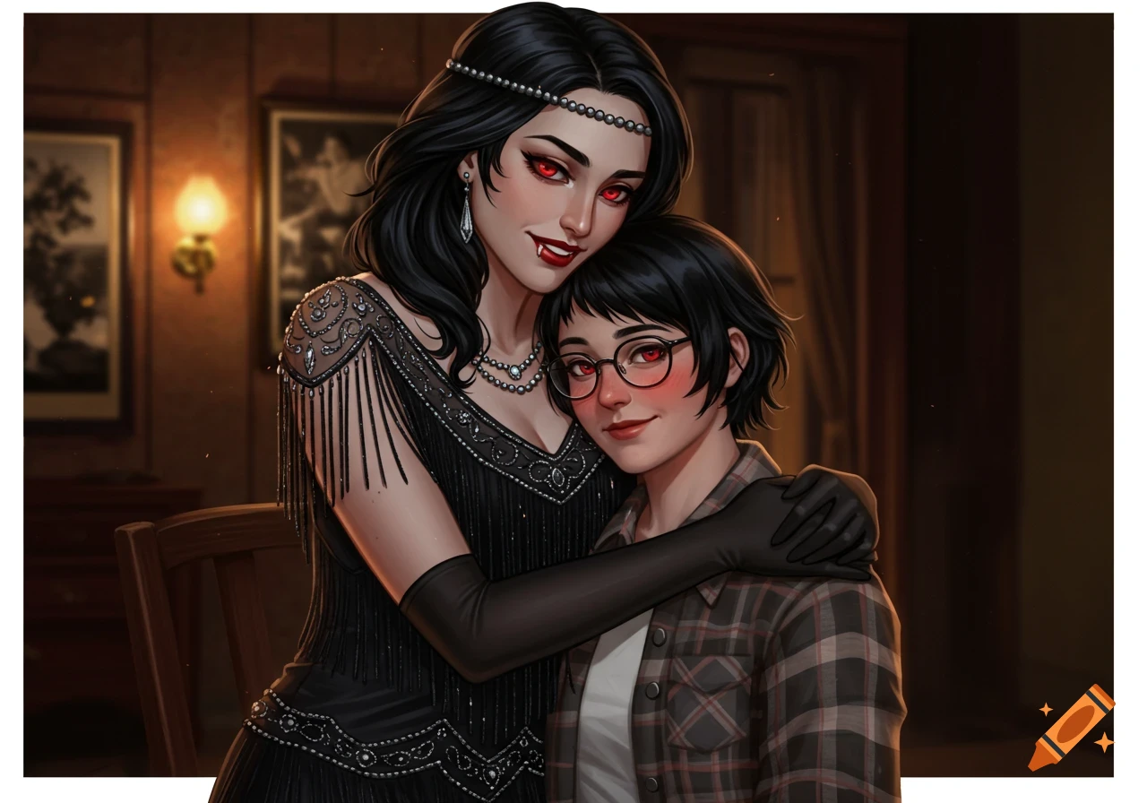 Digital art of a vampire woman in 1920s flapper dress embracing her human girlfriend in glasses and plaid, both with red eyes.