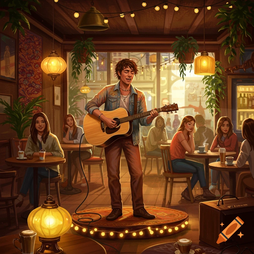 A man sings and plays acoustic guitar on a small stage in a warmly lit, cozy cafe filled with an audience, in a stylized illustration.