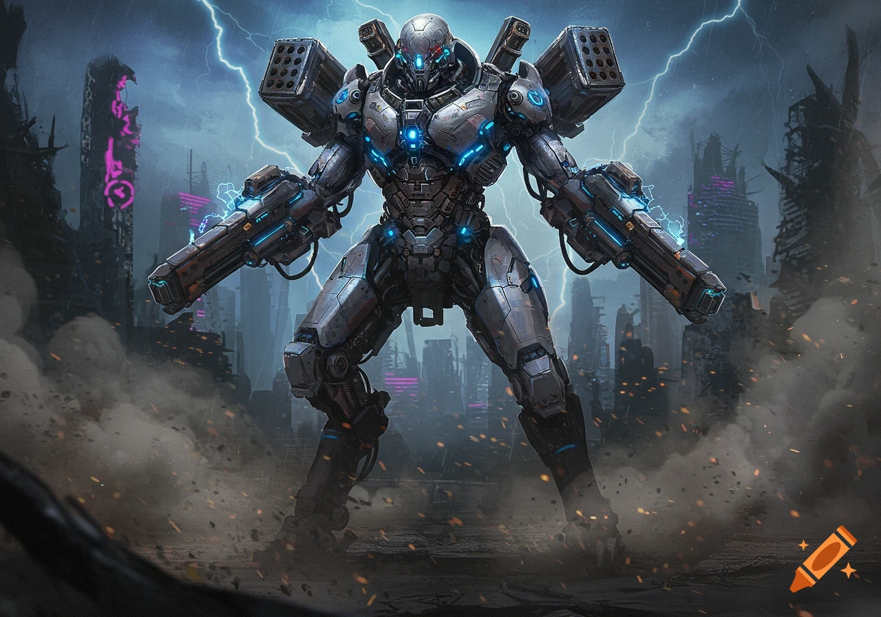 A heavily armed futuristic combat robot stands amidst smoke and lightning in a dystopian cityscape.
