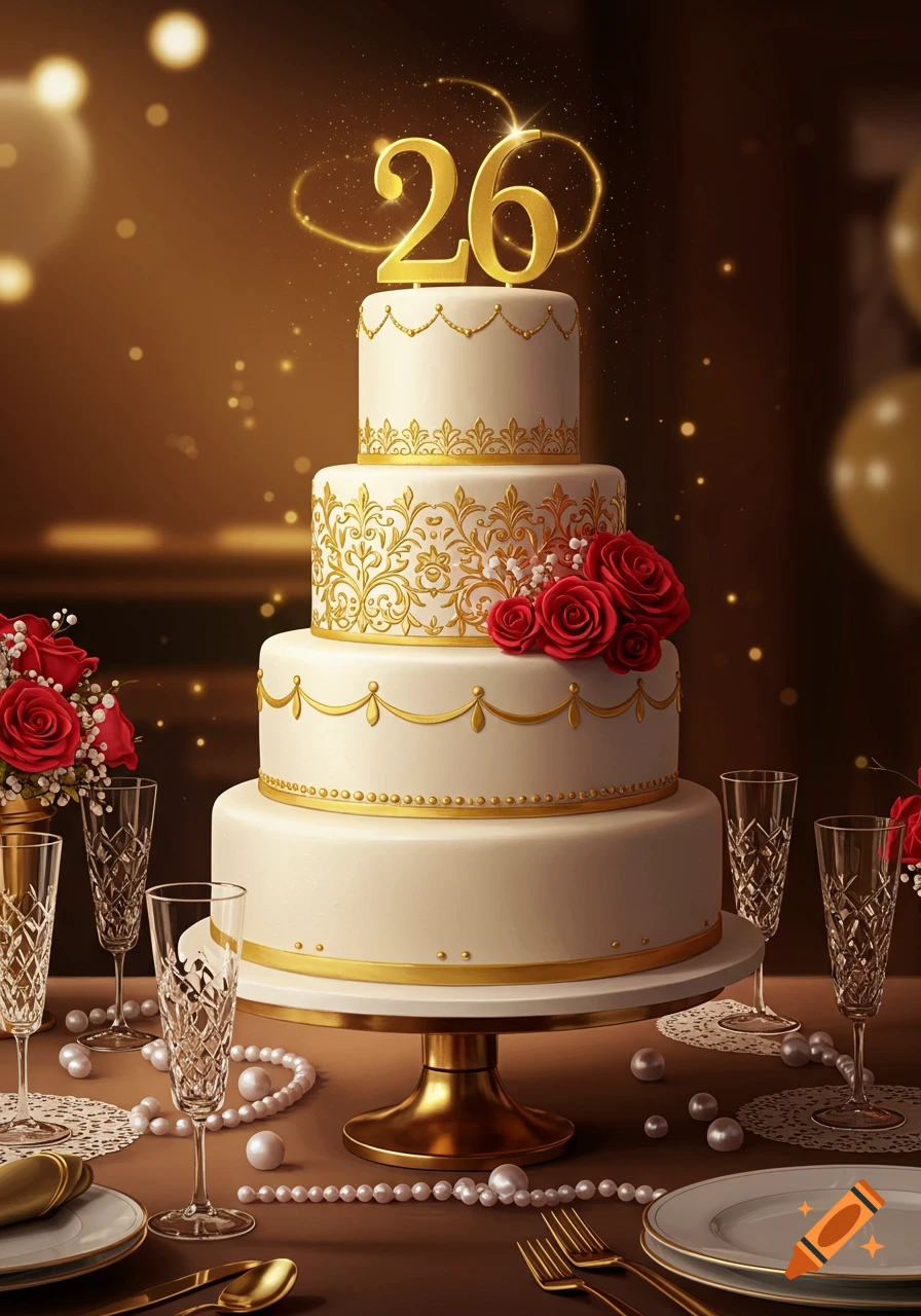 Elegant multi-tiered white birthday cake with gold '26' topper, red roses, and gold details on a festive table.
