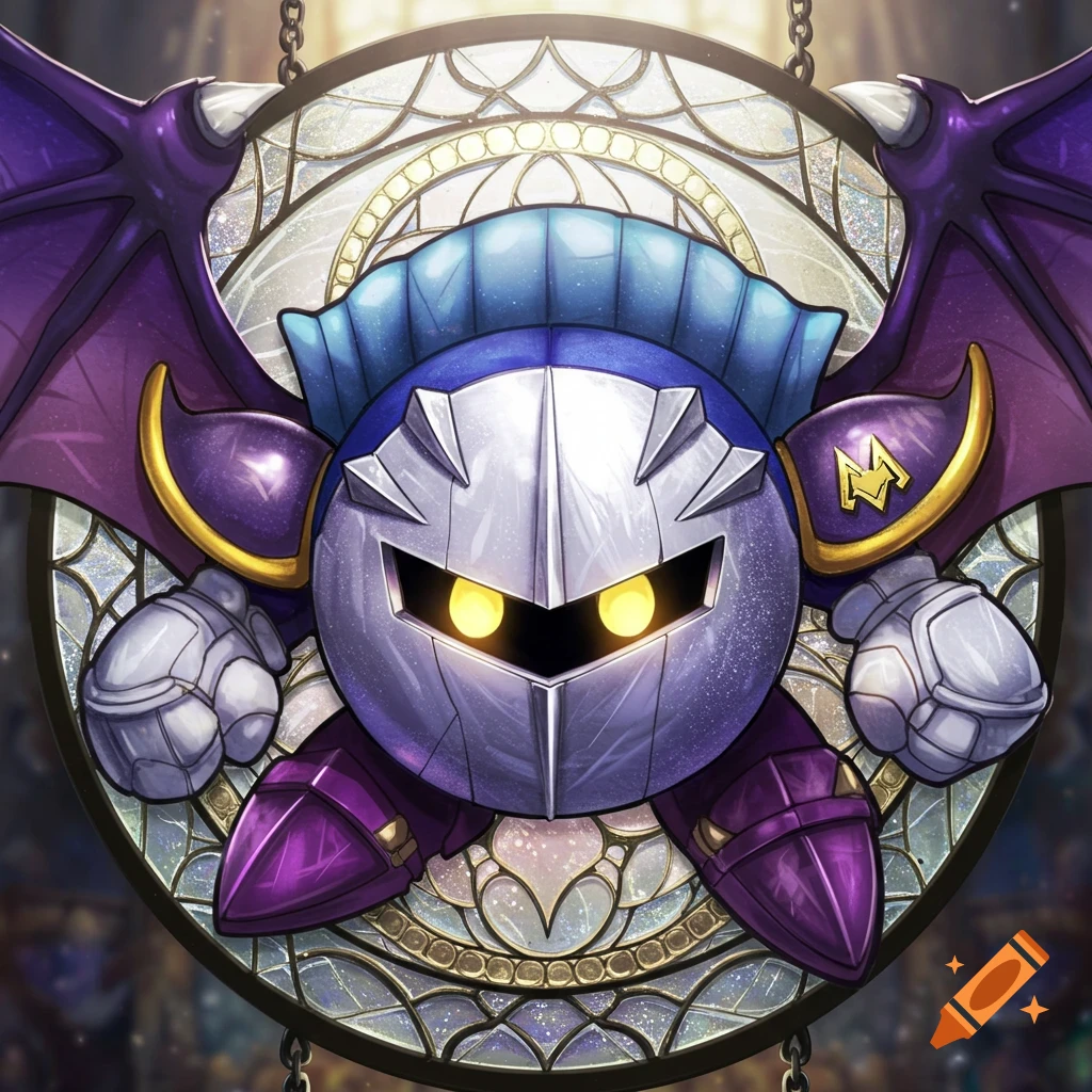 Meta Knight in a stained glass style, with a silver mask, purple wings, and glowing yellow eyes.