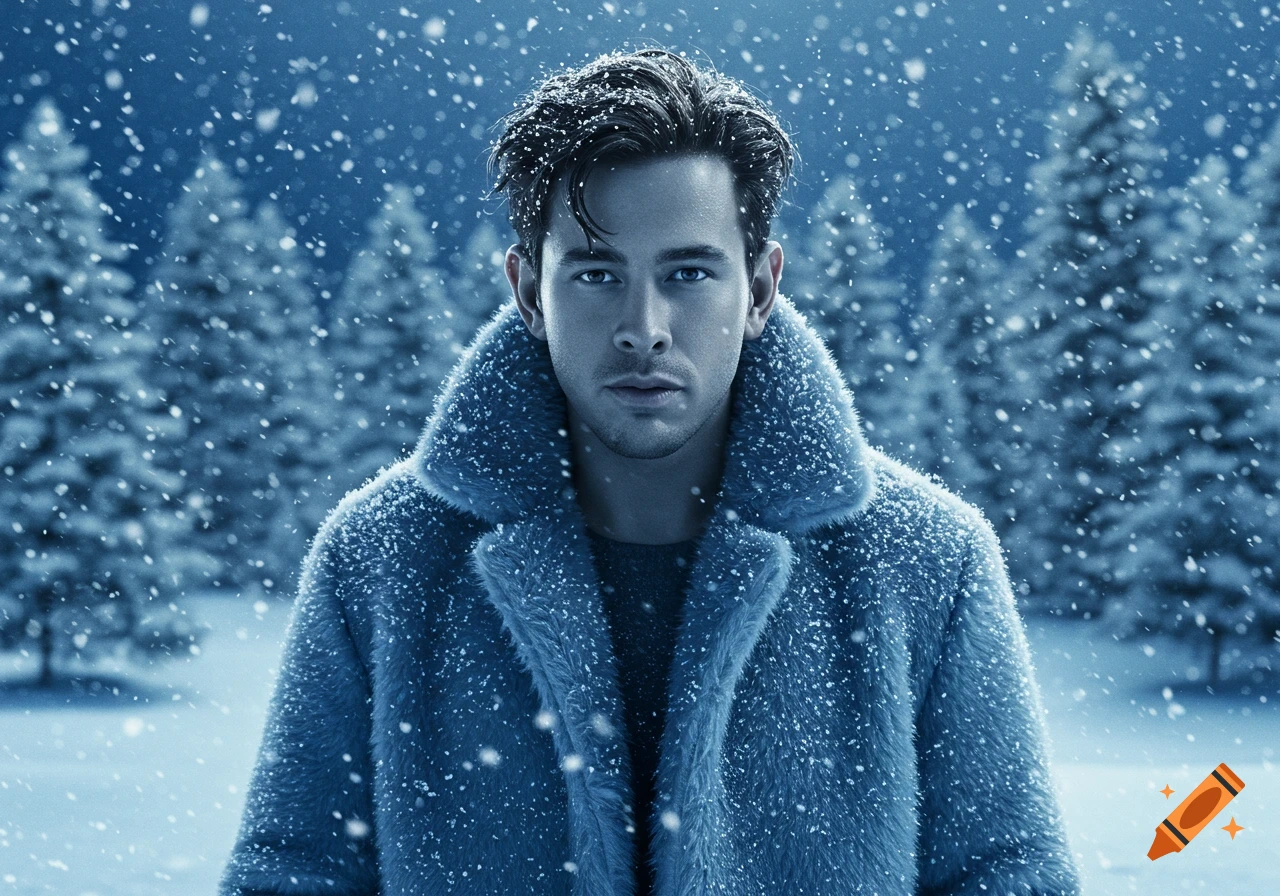 Photorealistic portrait of a man with dark hair and a serious expression, wearing a snow-covered blue fur coat in a snowy pine forest.