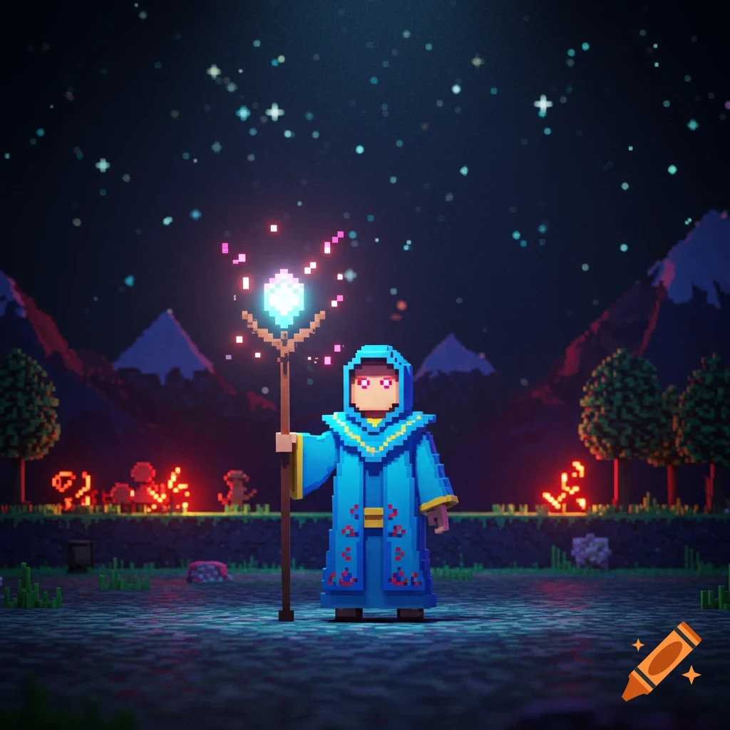 A pixel art wizard in a blue robe holds a glowing staff at night in a landscape with mountains, trees, and a starry sky.