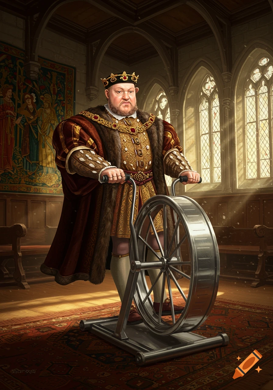 Digital painting of King Henry VIII in a grand hall, exercising with a large metal wheel.