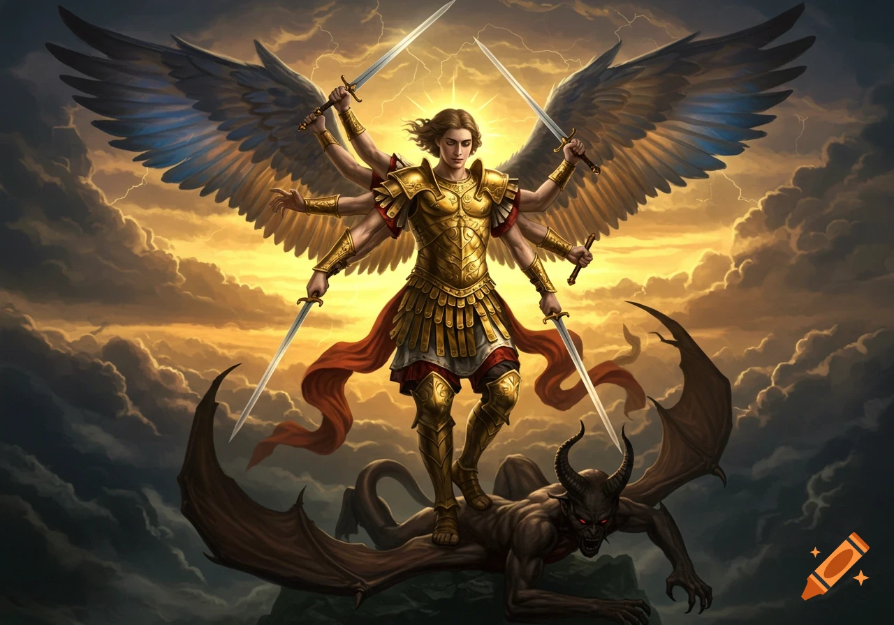 A multi-armed archangel in golden armor stands triumphantly on a demon, holding swords against a stormy, golden sky.